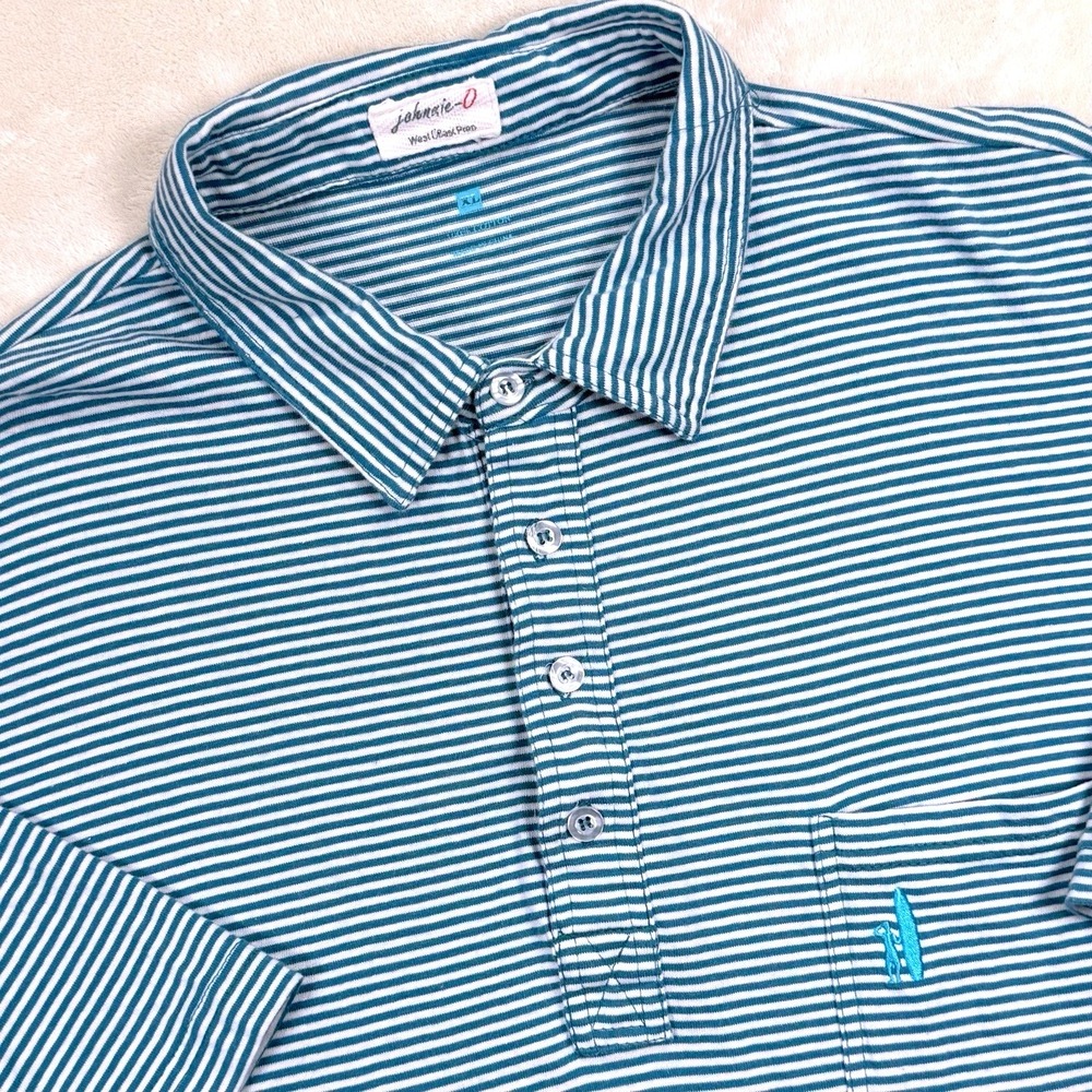 johnnie-O West Coast Prep Polo Shirt Mens XL Barrier Teal White Striped Pocket